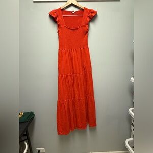 Lucky Brand Smocked Maxi Dress Medium Red Ruffle Stretch Cotton with pockets